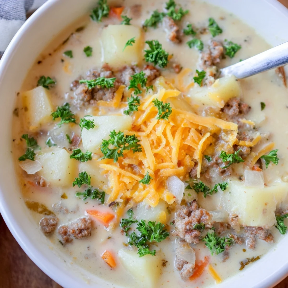Rustic bowl of savory pork sausage and potato soup with tender vegetable chunks