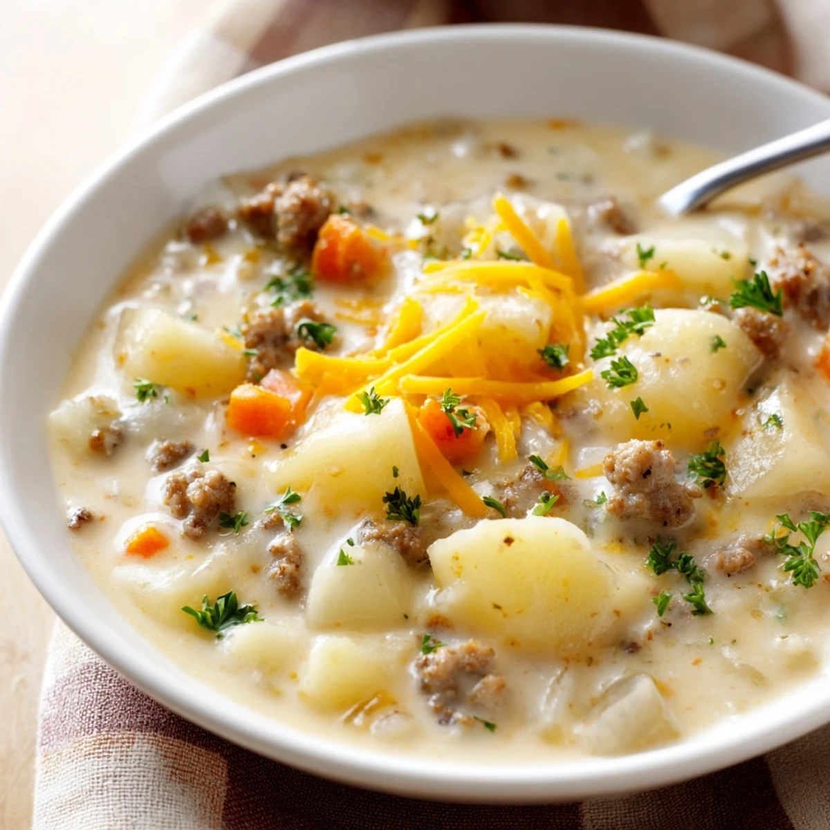 Steaming hot pork sausage potato soup served with crusty bread for cozy comfort food