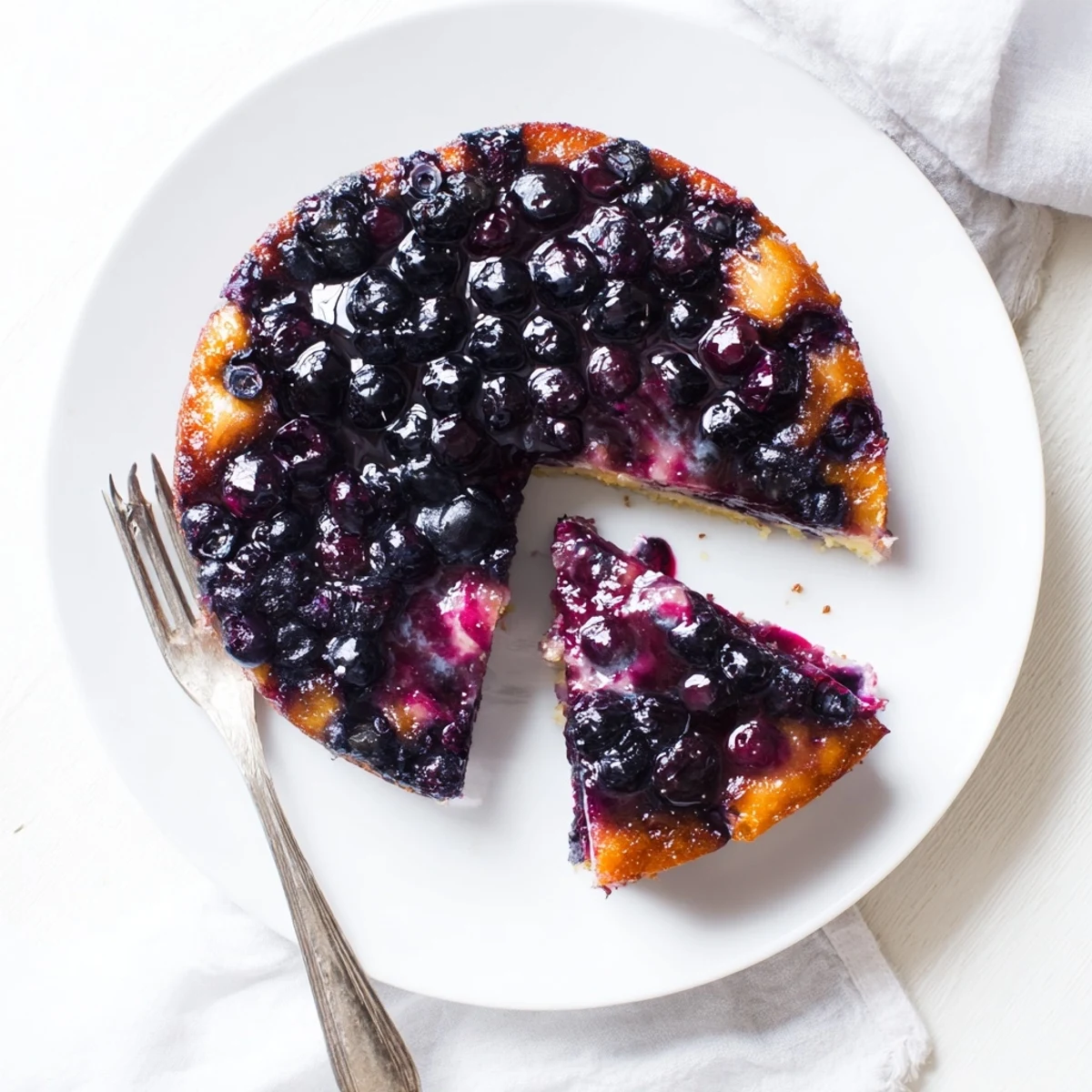 Golden blueberry upside down cake with caramelized fruit topping on a white serving plate