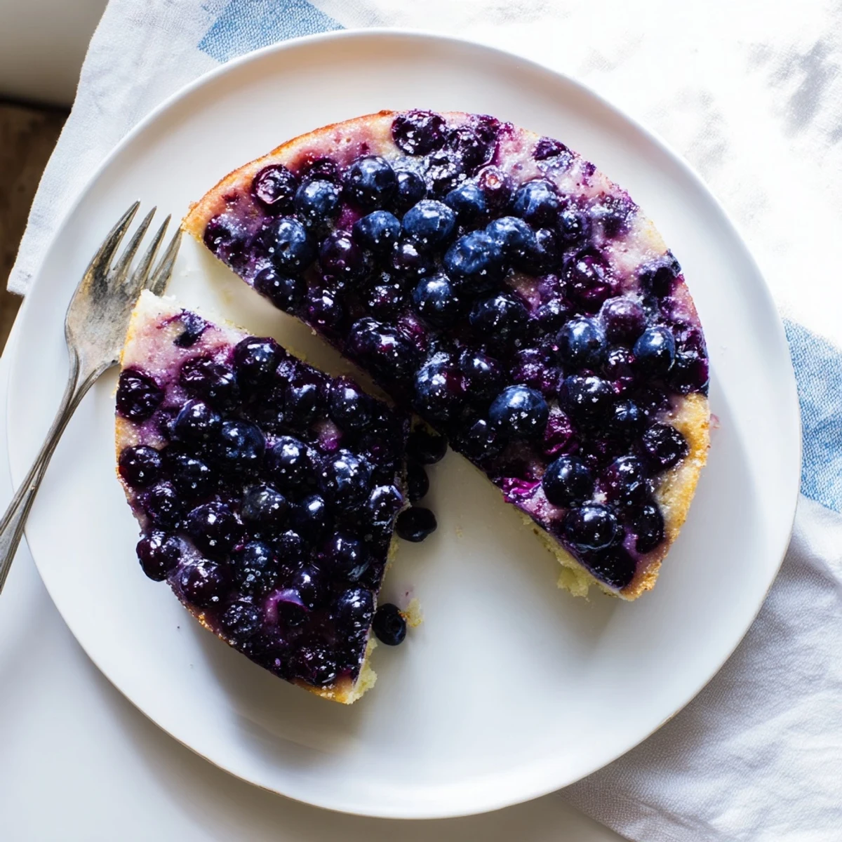 Moist blueberry upside down cake slice revealing the buttery caramelized berry layer underneath