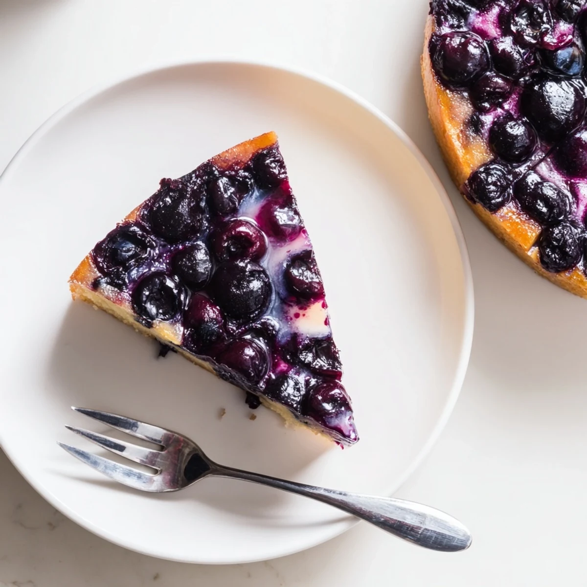 Fresh baked blueberry upside down cake inverted onto a plate with juicy bubbling fruit topping