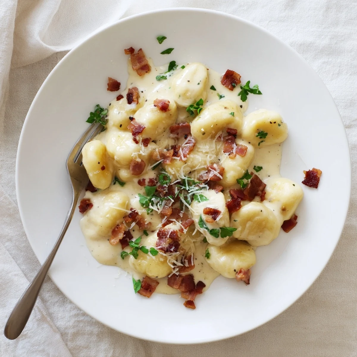 Gnocchi Carbonara with Bacon and Parmesan served in a white bowl garnished with fresh parsley