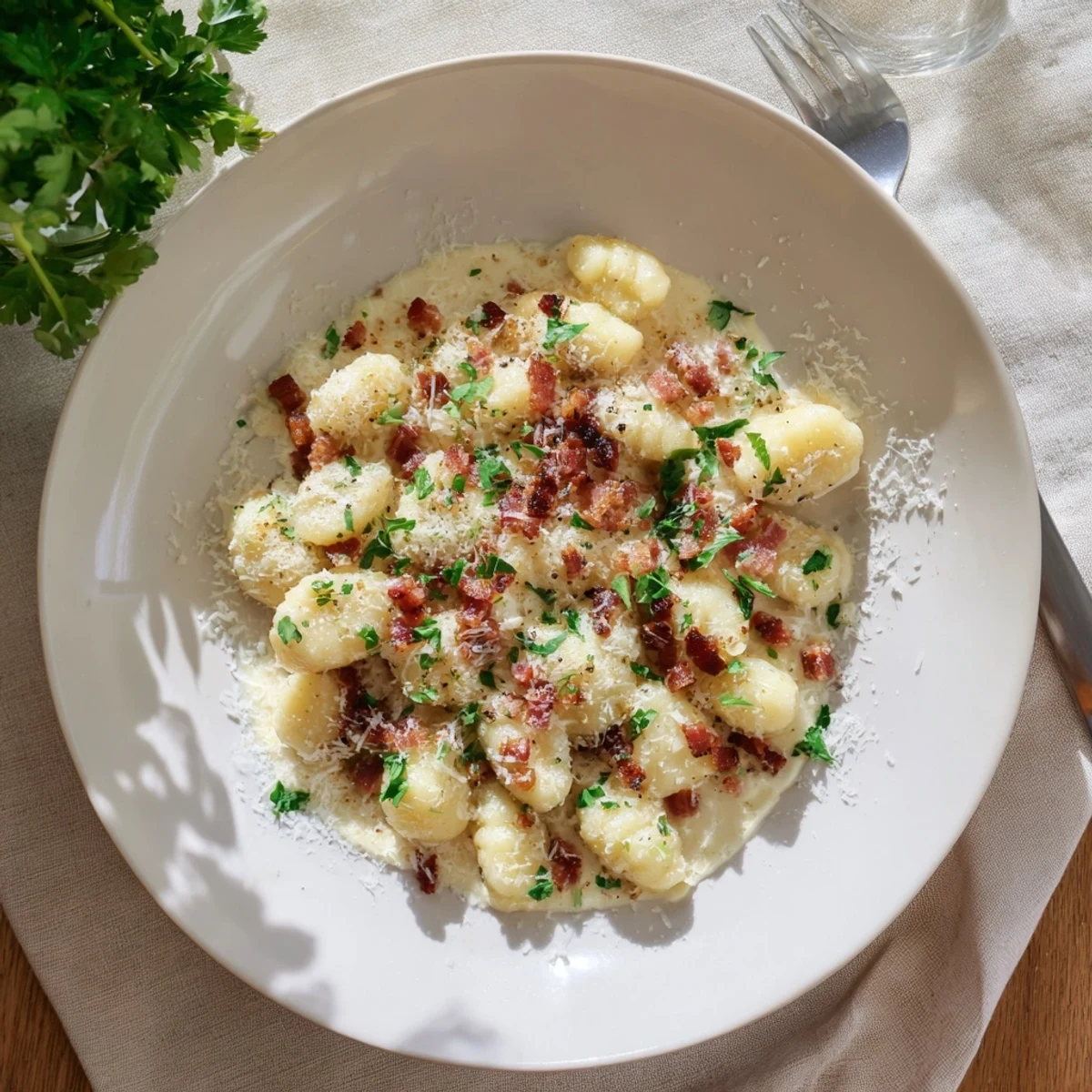 Creamy Gnocchi Carbonara with crispy bacon and grated Parmesan cheese on a rustic wooden table