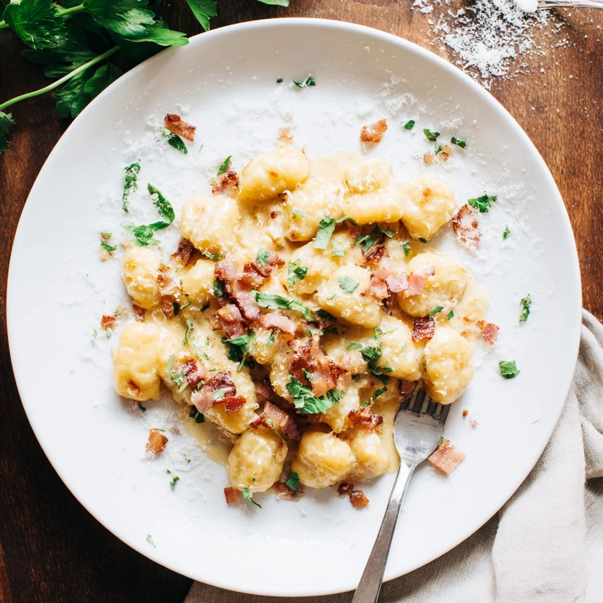 Plate of Gnocchi Carbonara with Bacon and Parmesan showcasing glossy sauce and golden brown bacon bits