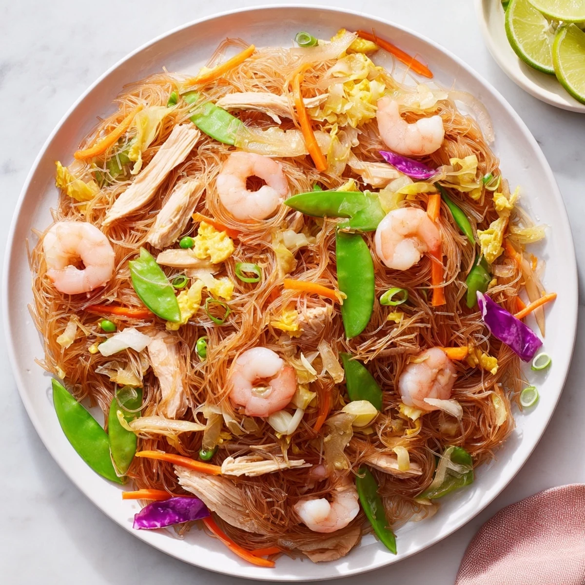 Golden mound of Traditional Pancit Bihon topped with colorful vegetables and fresh scallions on a white serving platter