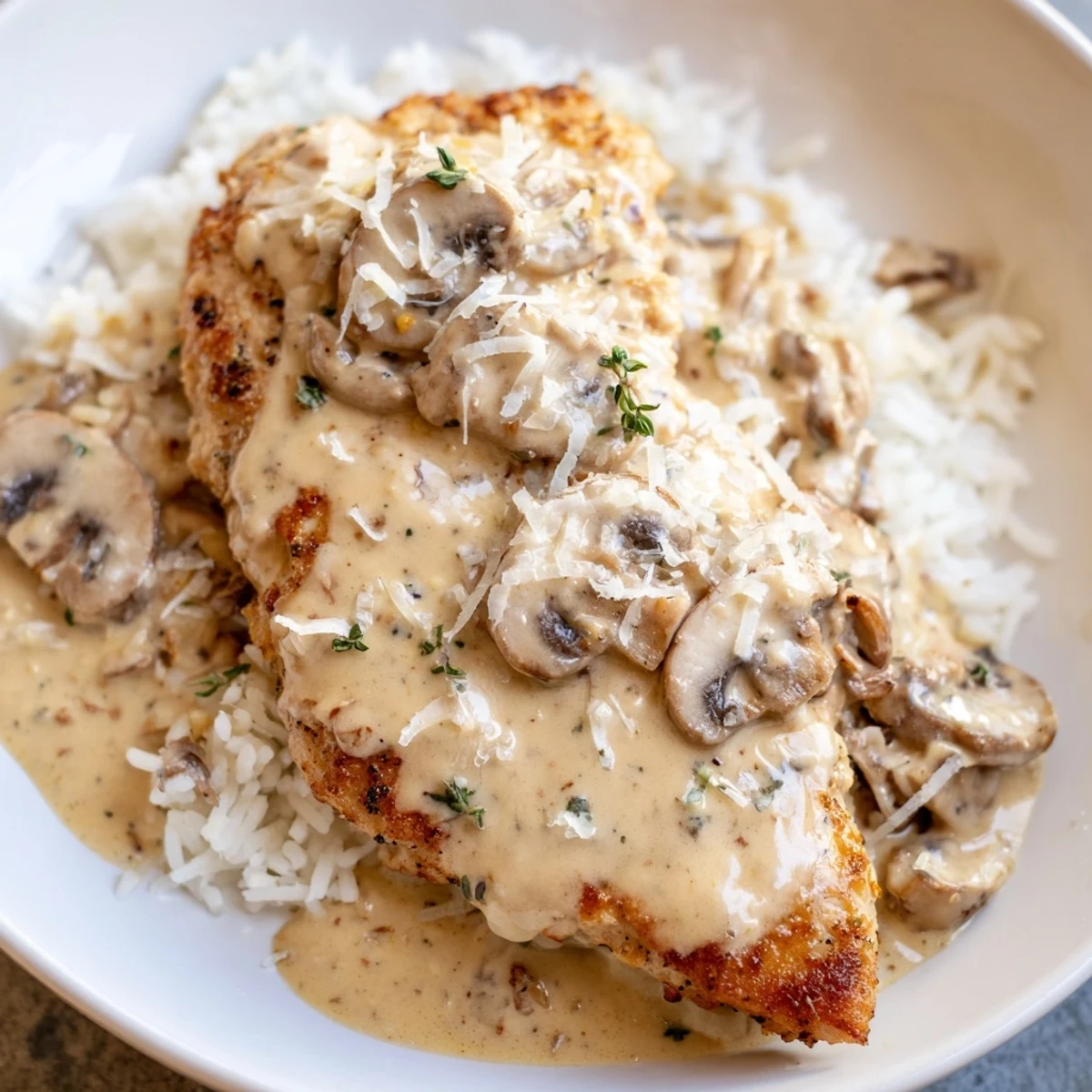Tender smothered chicken and rice plated with savory mushroom gravy and fresh parsley garnish