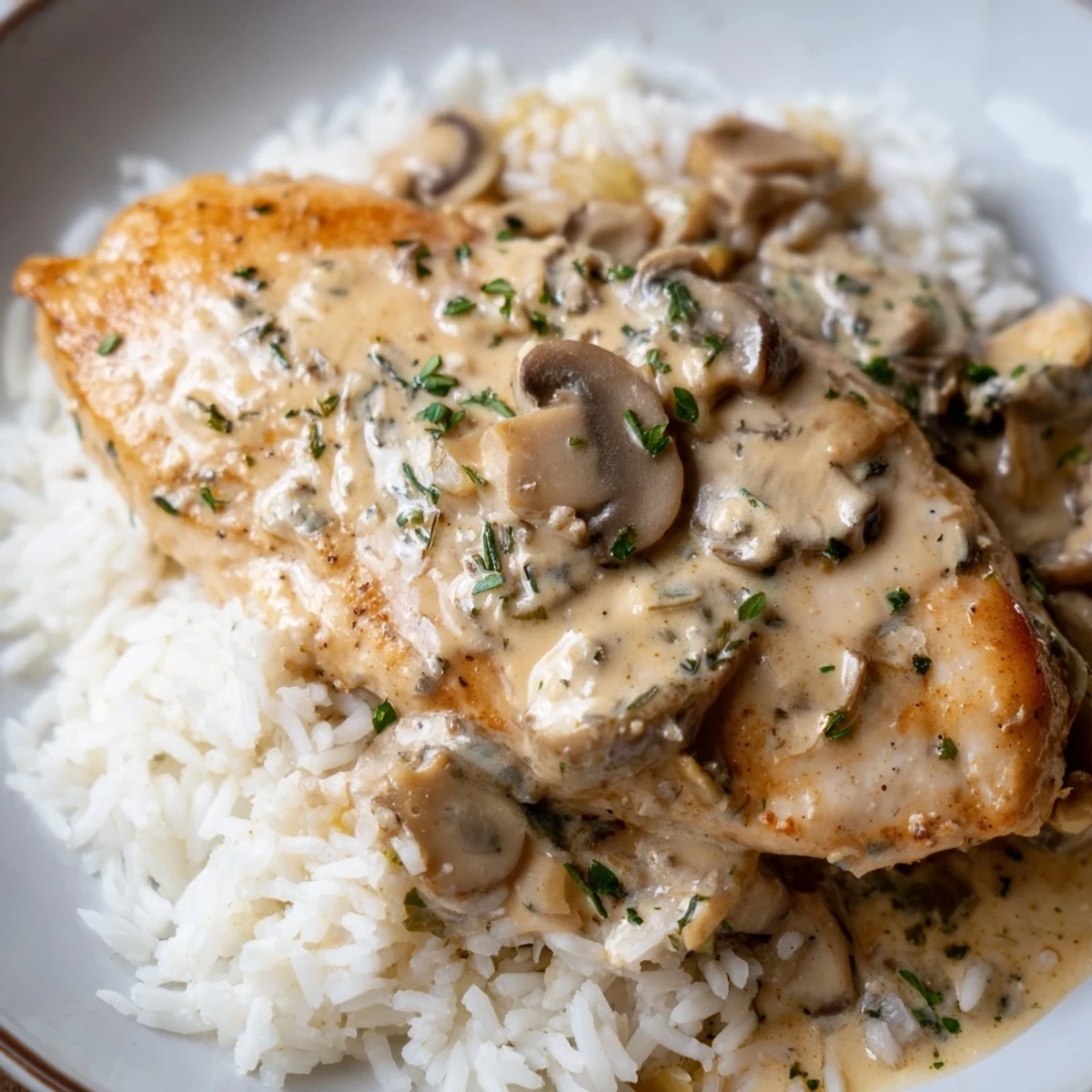 Golden seared chicken breast draped in rich Parmesan cream sauce over fluffy white rice