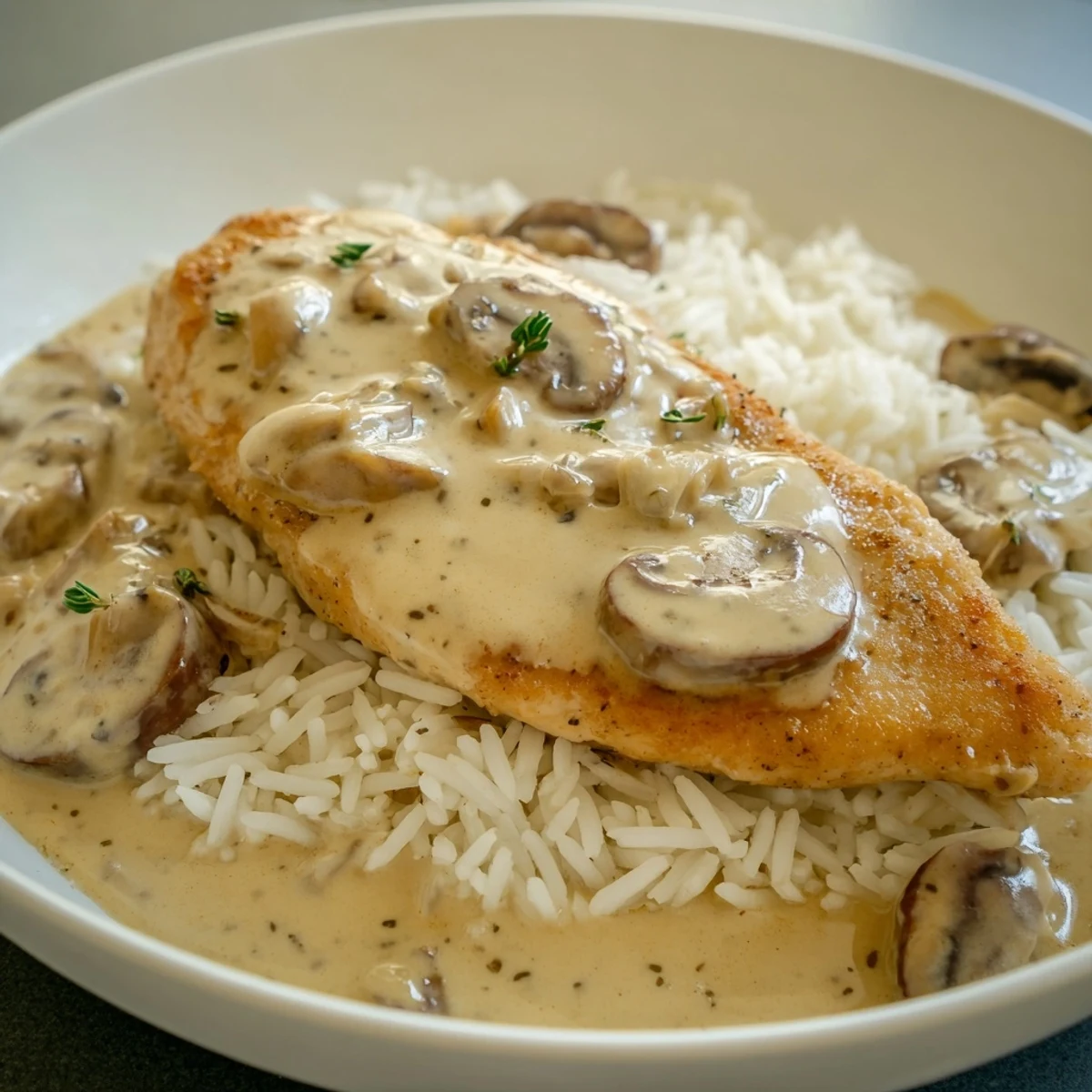 Creamy smothered chicken and rice dish bubbling in a cast iron skillet with herbs