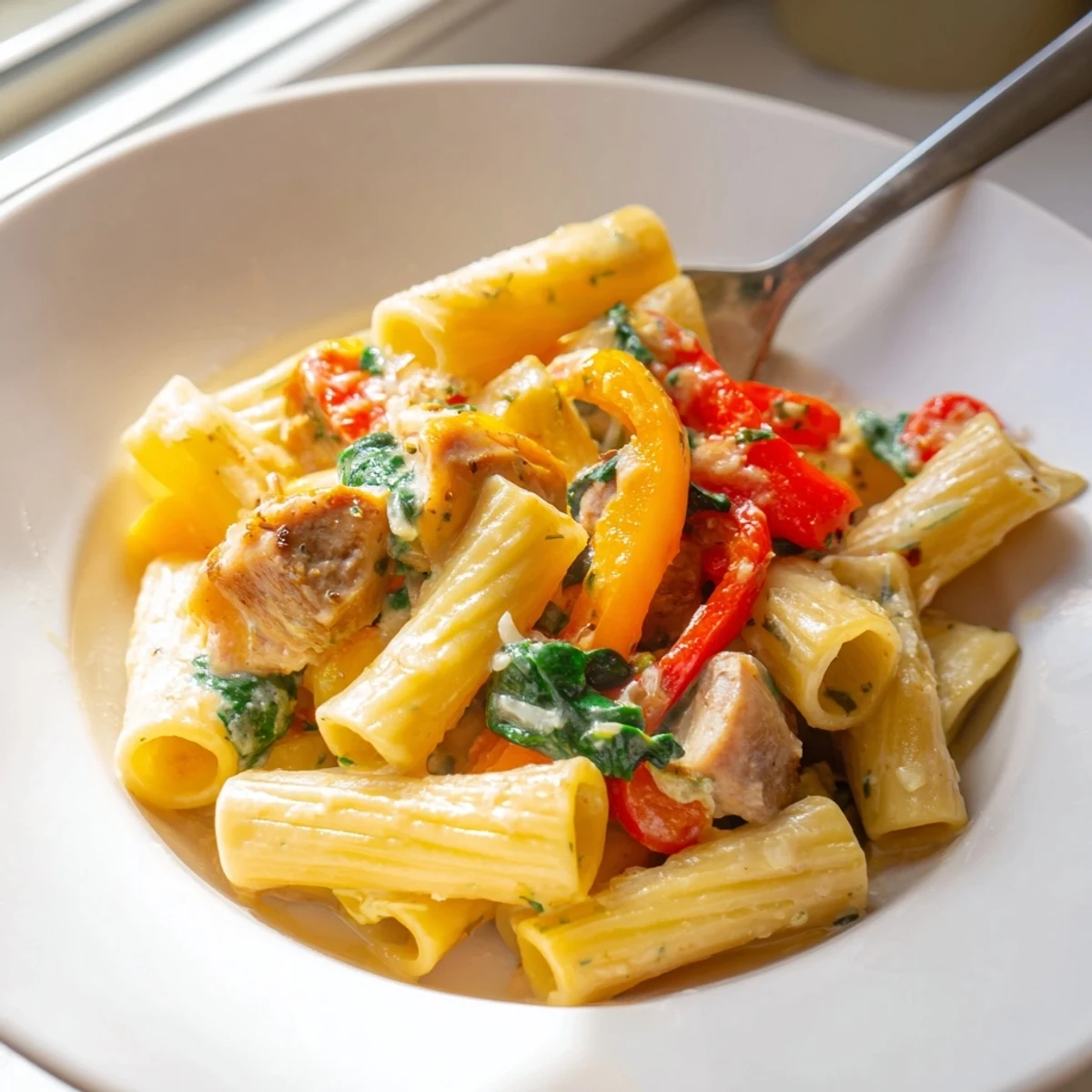 Golden chicken pieces and penne pasta coated in rich cowboy butter sauce with red and yellow bell peppers