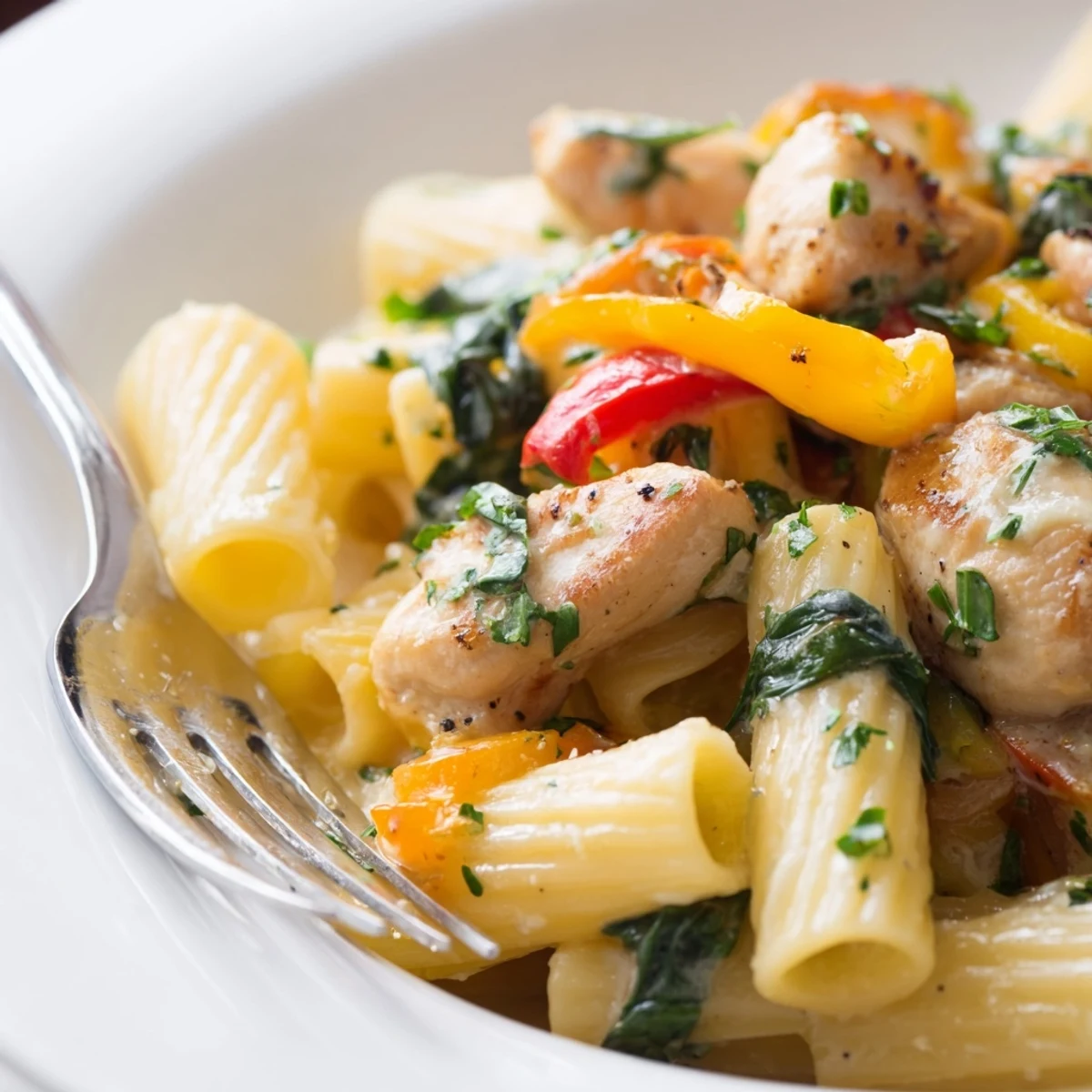 Savory cowboy butter chicken pasta dish featuring tender chicken, sautéed vegetables, and melted Parmesan in a creamy sauce