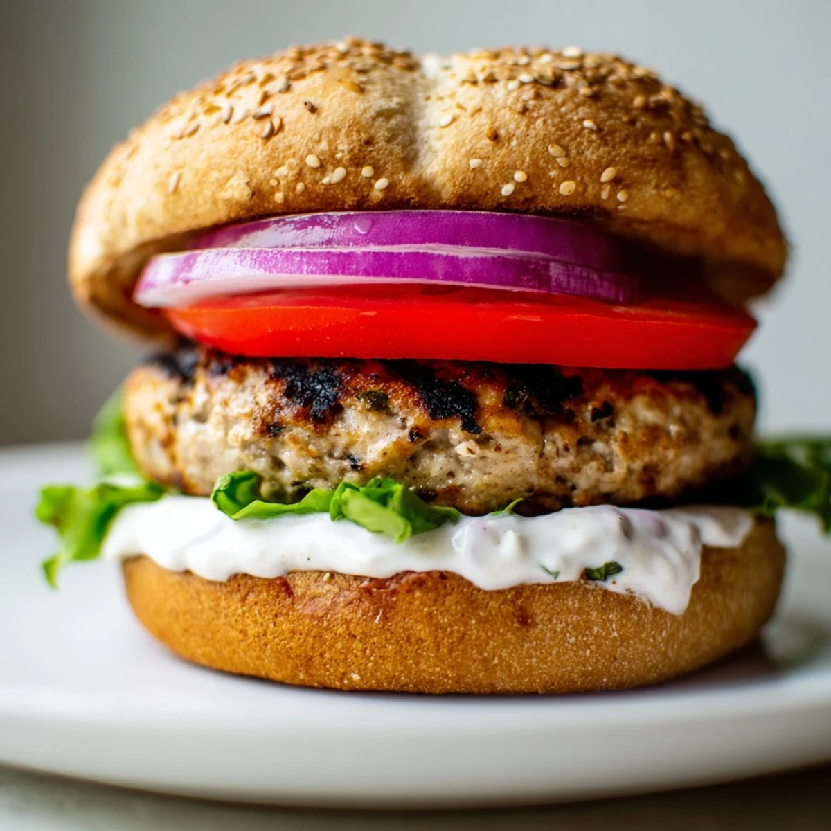 Golden brown healthy high protein burger on toasted whole wheat bun with fresh lettuce and tomato slices