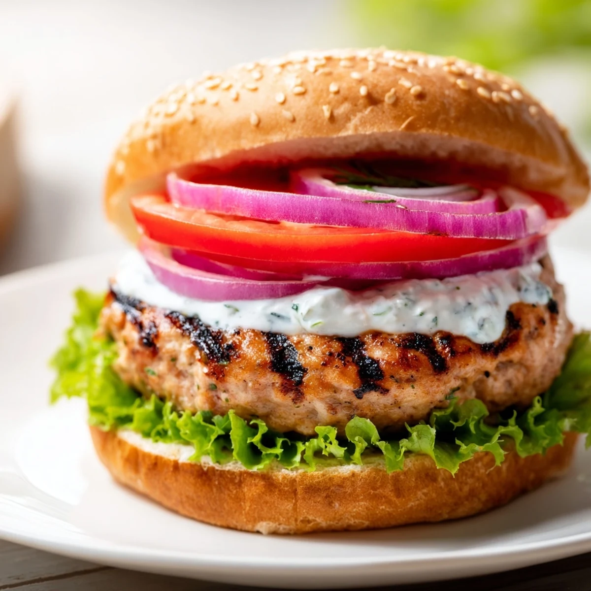 Juicy lean turkey healthy high protein burger patty topped with crisp red onion and creamy Greek yogurt