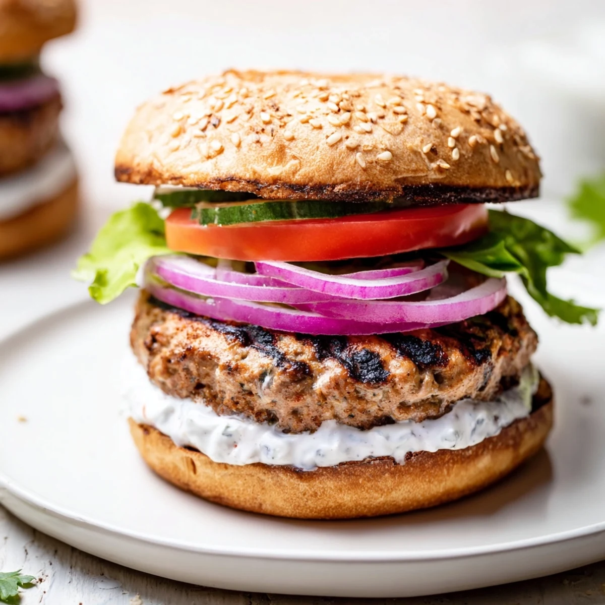 Homemade healthy high protein burger stacked with avocado and ripe tomato slices on a whole wheat bun