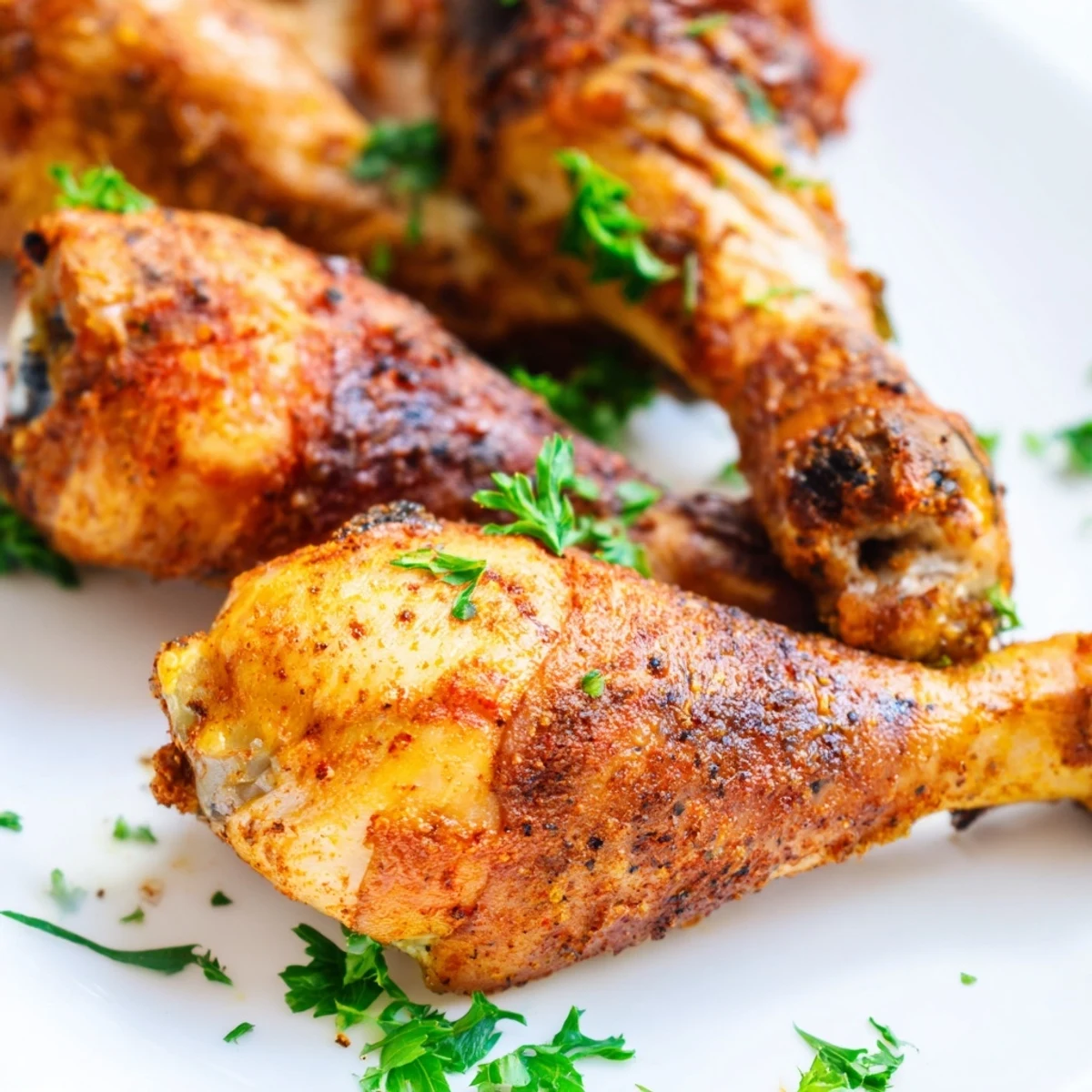 Juicy oven baked chicken legs garnished with fresh parsley and lemon wedges on plate