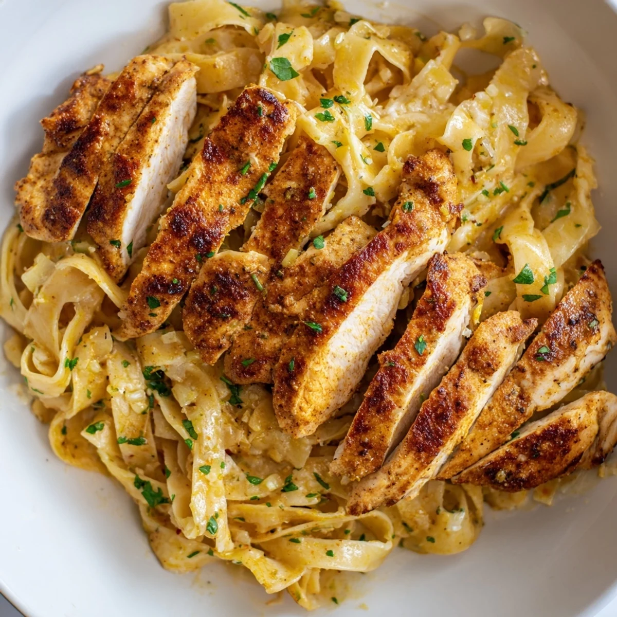 Golden brown chicken breasts resting atop glossy buttered egg noodles in a skillet