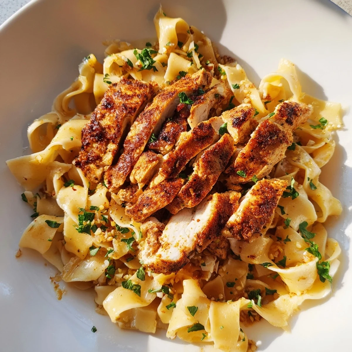 Tender seasoned chicken served over silky Parmesan buttered noodles in one pan