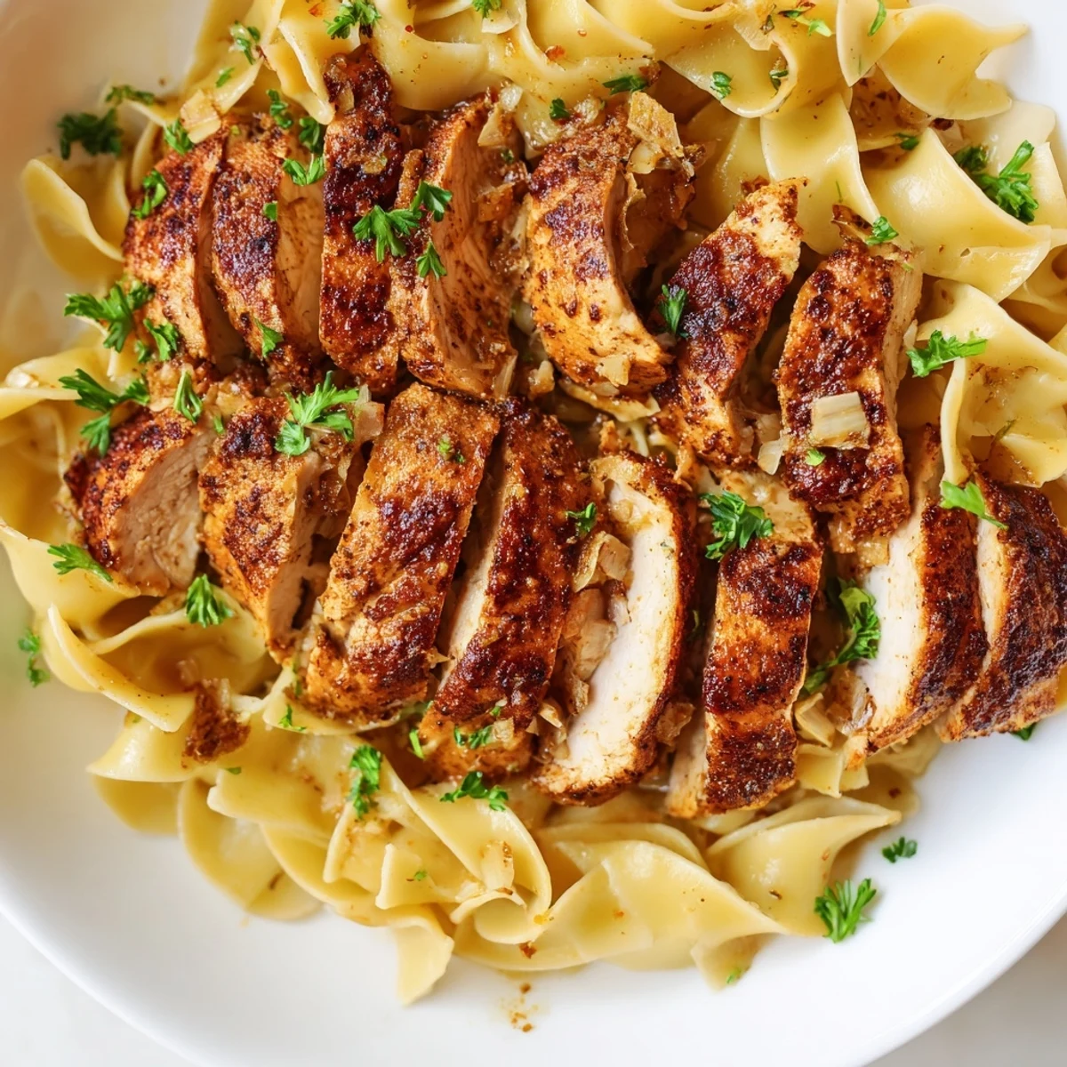 Juicy one pan chicken with buttered noodles garnished with fresh parsley and cheese