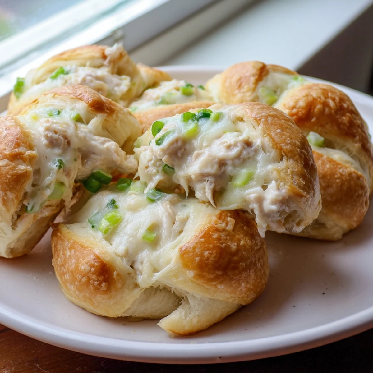 Creamy chicken and cheddar filling wrapped inside buttery crescent rolls baked until golden