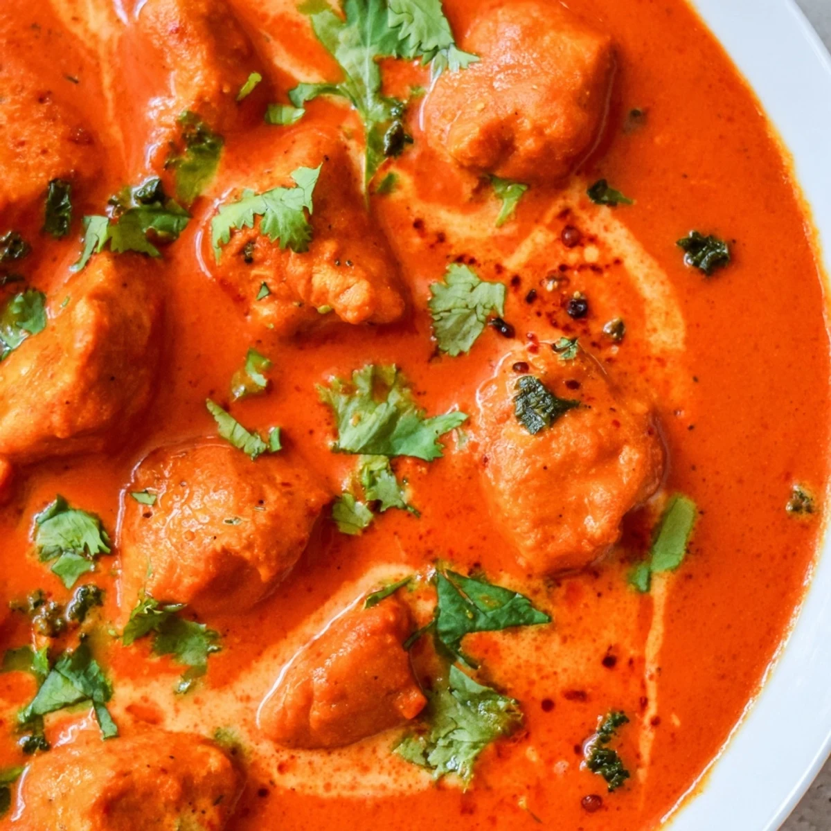 Tender pieces of butter chicken swimming in a rich, creamy orange tomato sauce garnished with fresh cilantro