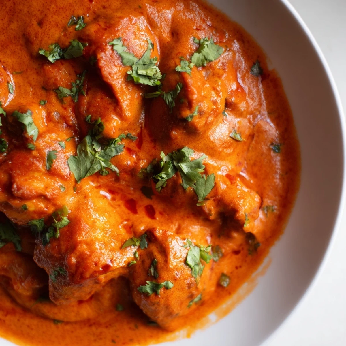 Creamy Indian butter chicken with succulent spiced chicken thighs in a velvety tomato-based curry sauce