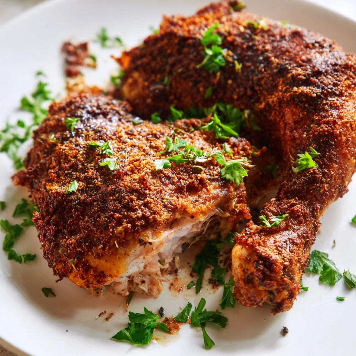 Golden brown baked chicken leg quarters with crispy seasoned skin resting on a wire rack