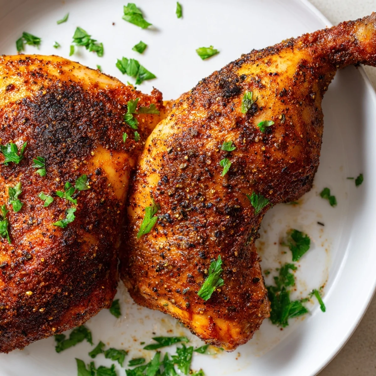 Succulent baked chicken leg quarters with crispy paprika rub served with fresh parsley and lemon