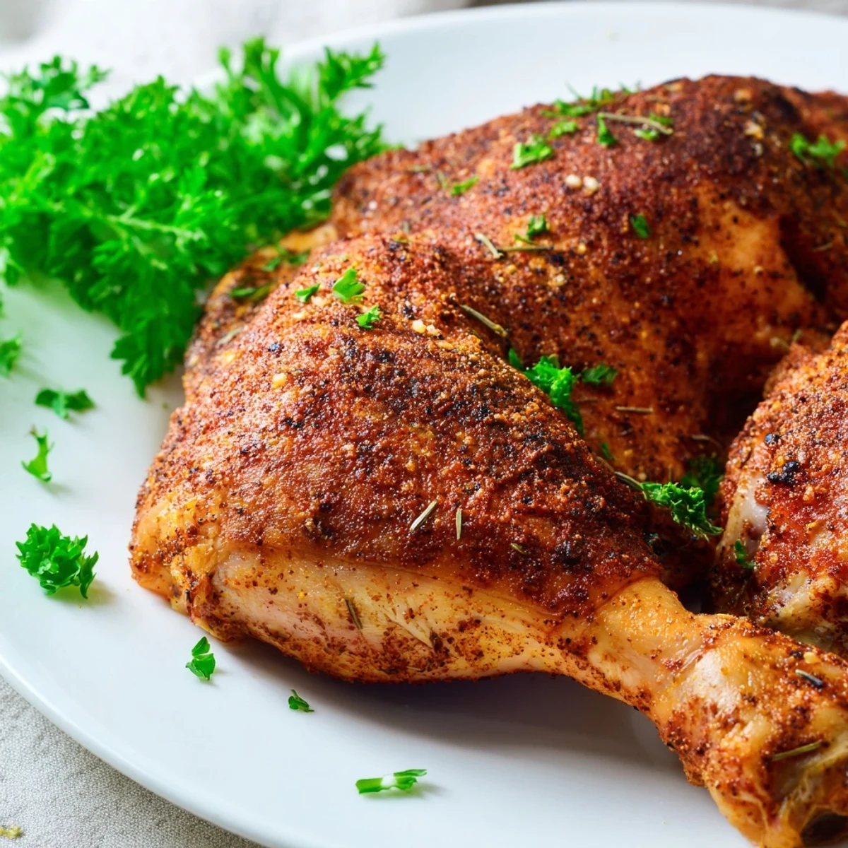 Oven roasted chicken leg quarters featuring juicy meat and perfectly crisped golden brown seasoned skin