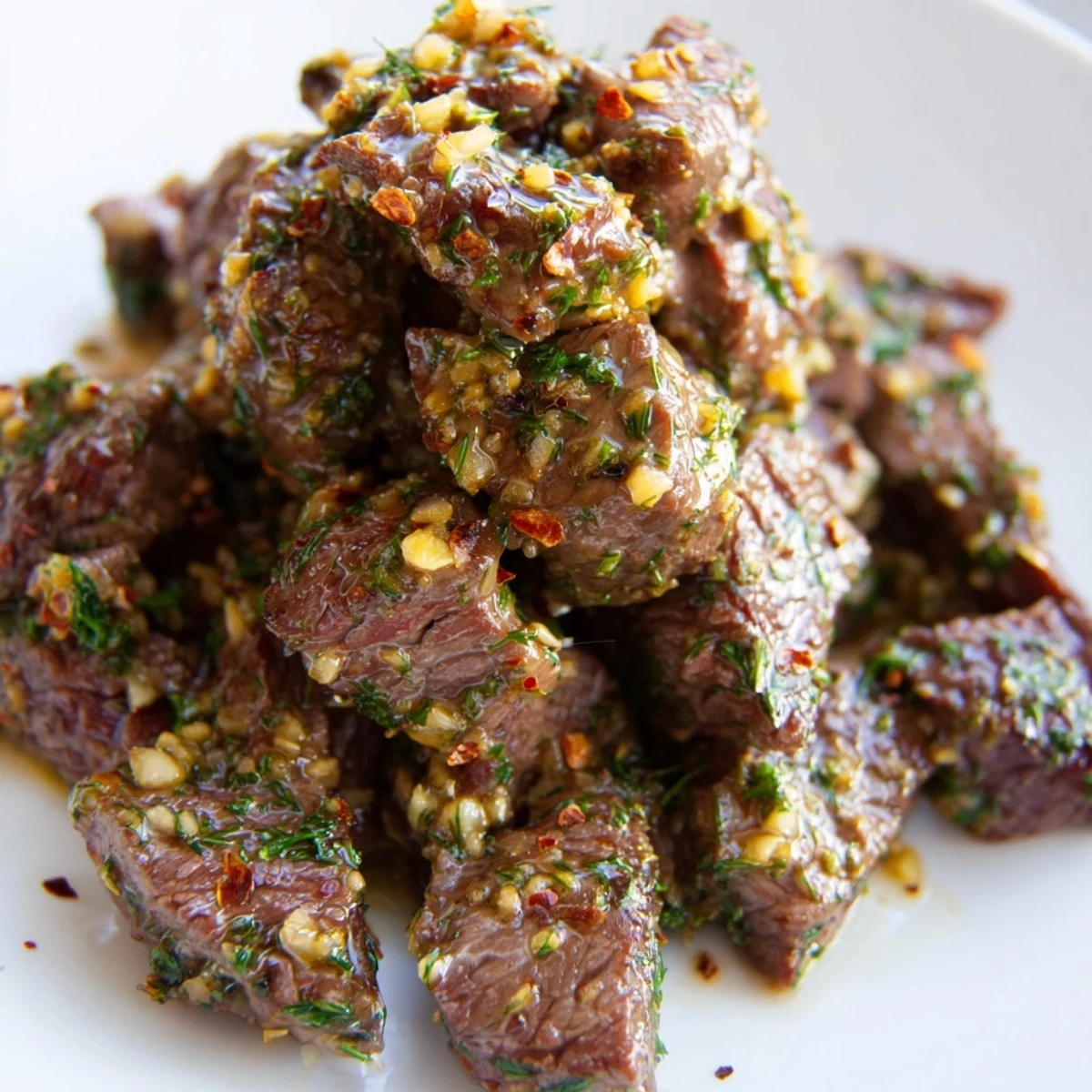 Golden seared cowboy butter steak bites coated in zesty garlic herb sauce