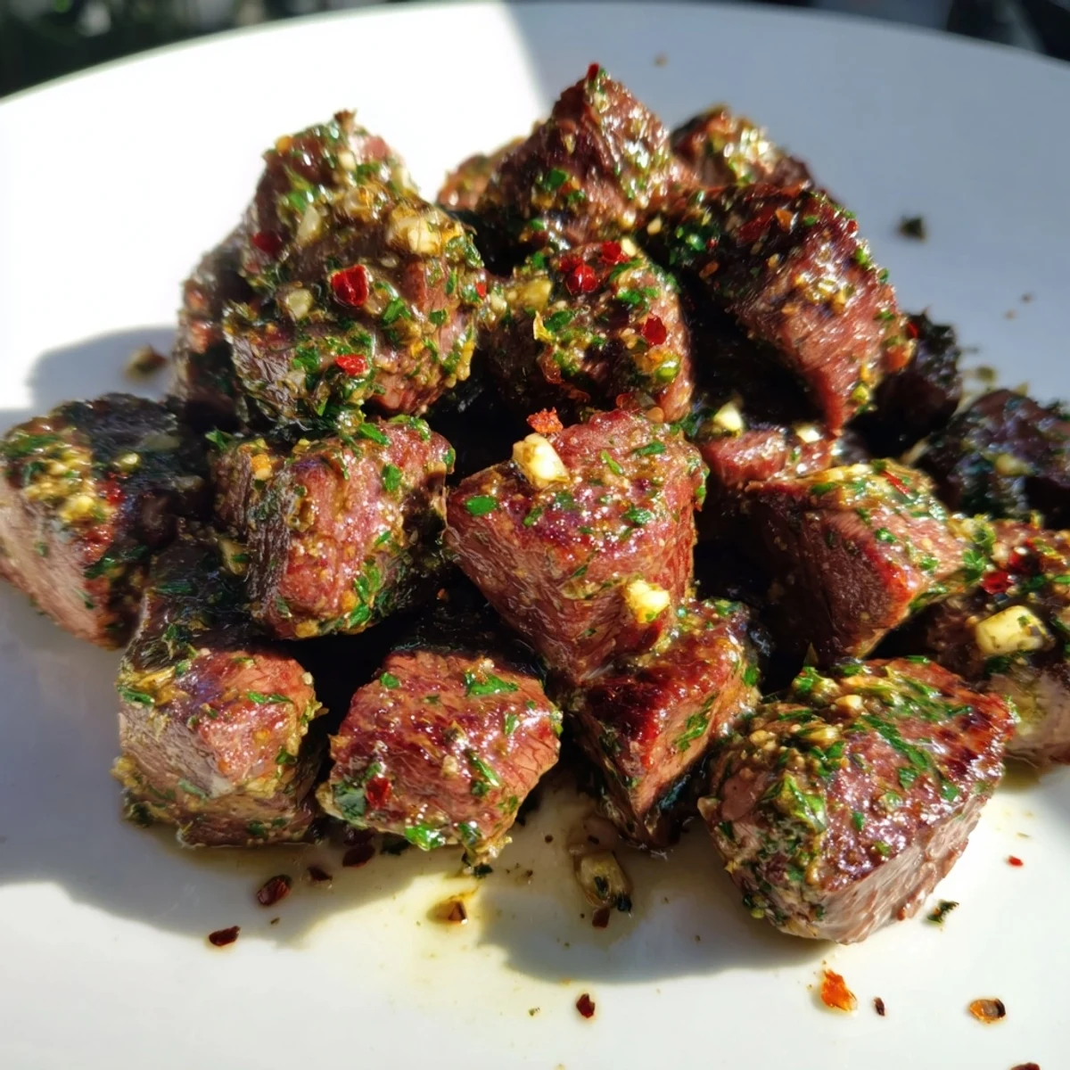 Tender steak bites swimming in melted cowboy butter with fresh parsley and chives