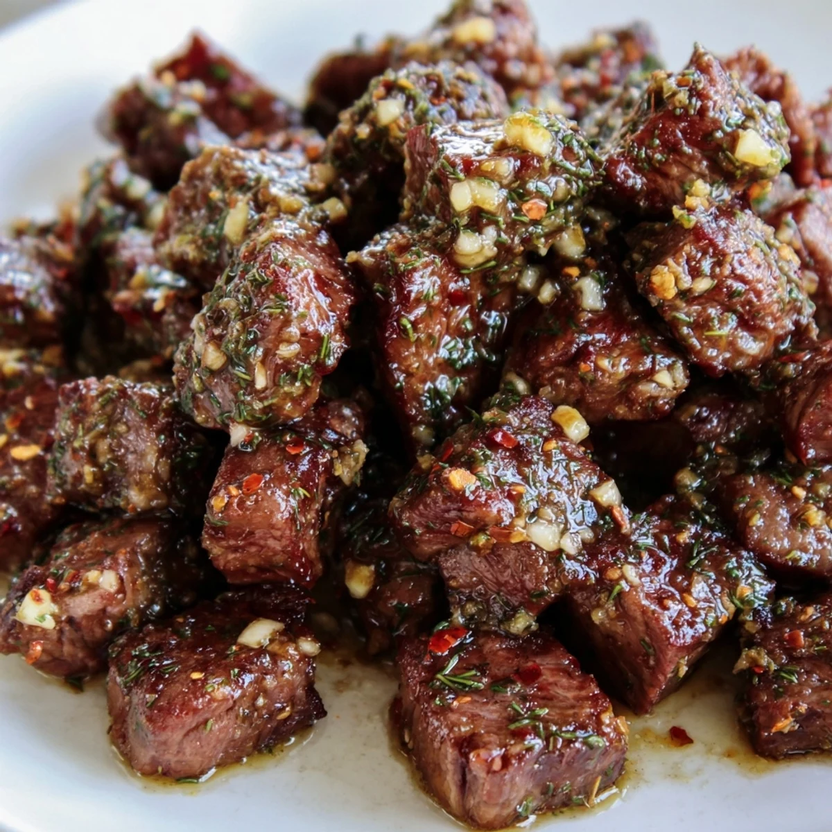 Sizzling skillet of cowboy butter steak bites dripping with spicy garlic butter sauce