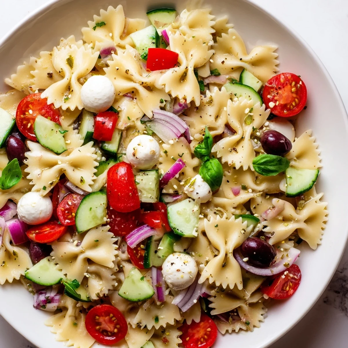 Colorful Italian bow tie pasta salad with fresh vegetables and mozzarella in a serving bowl