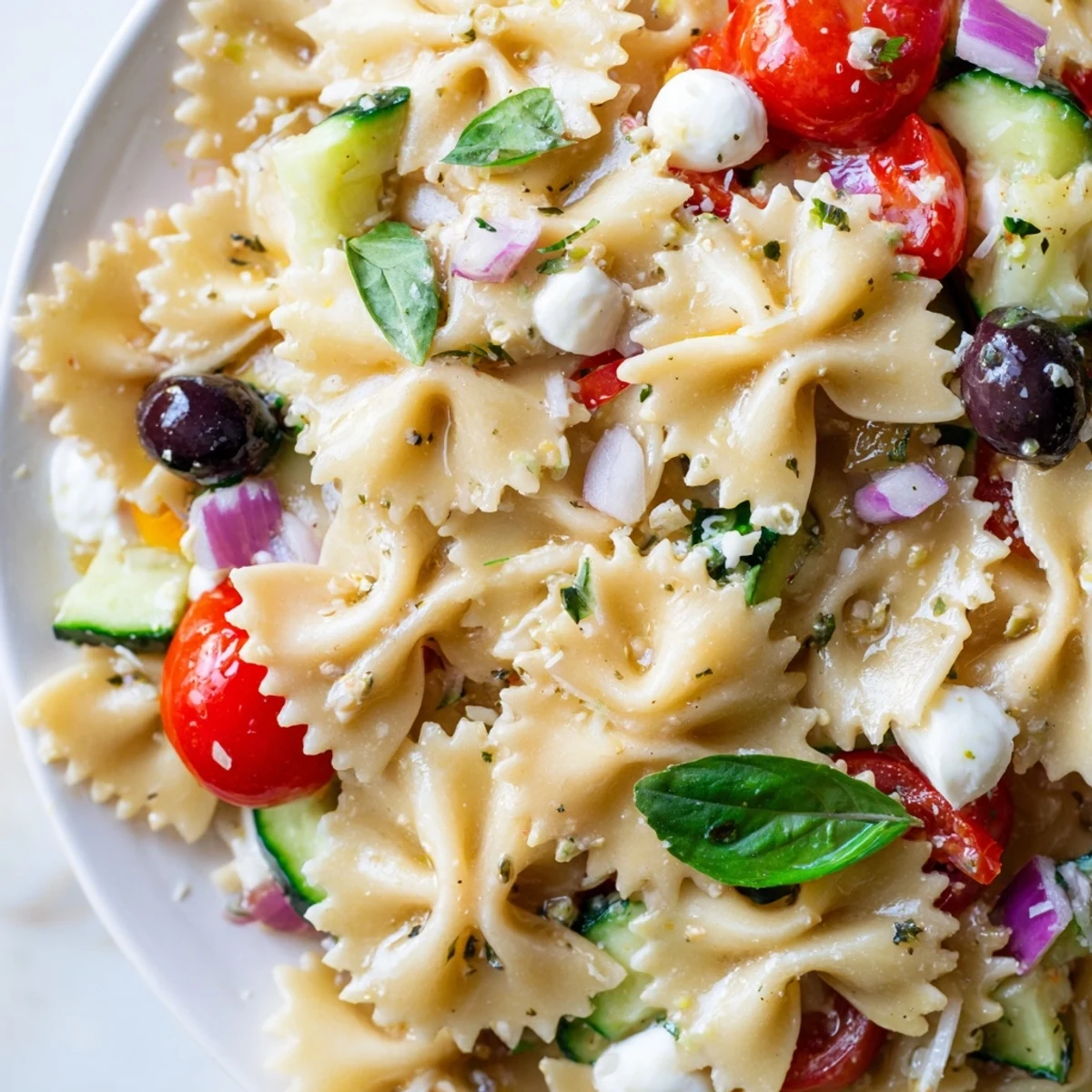 Vibrant farfalle pasta tossed with cherry tomatoes, cucumber, and tangy Italian dressing for summer picnics