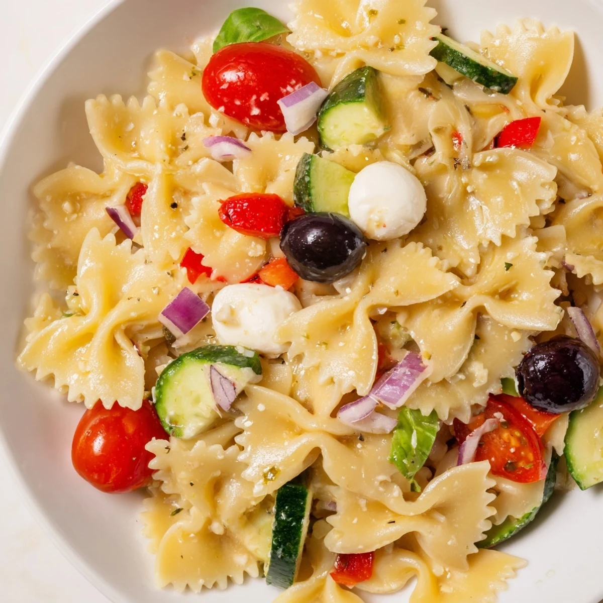 Chilled bow tie pasta salad featuring crisp bell peppers, olives, and parmesan cheese garnished with basil