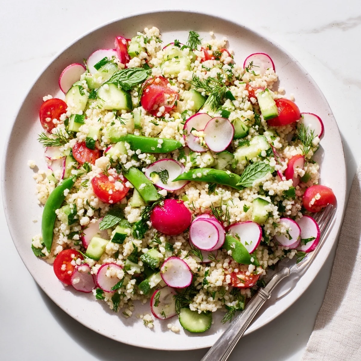Colorful spring couscous salad bowl with cherry tomatoes, cucumber, and fresh herbs tossed in lemon dressing.