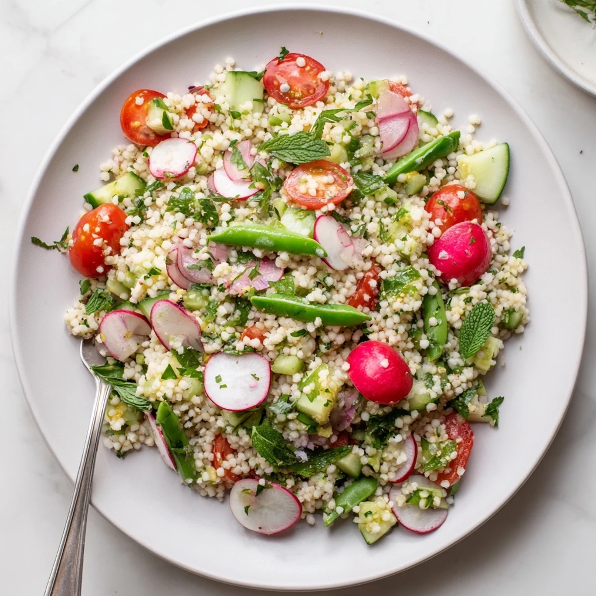 Vibrant Mediterranean-style couscous salad featuring crisp vegetables, radishes, and snap peas on a white serving plate.
