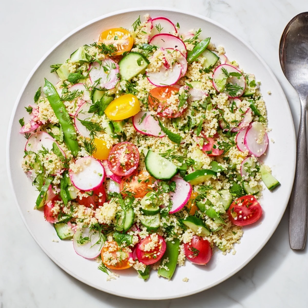 Fresh spring couscous salad garnished with mint, parsley, and dill in a rustic wooden bowl for lunch.