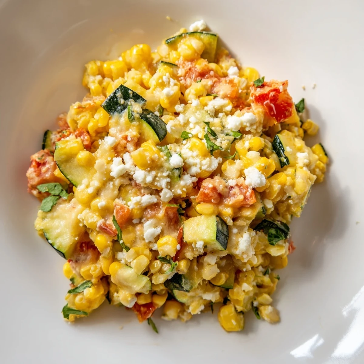 Golden skillet of traditional Calabacitas with melted cheese, fresh zucchini, corn, and vibrant tomatoes