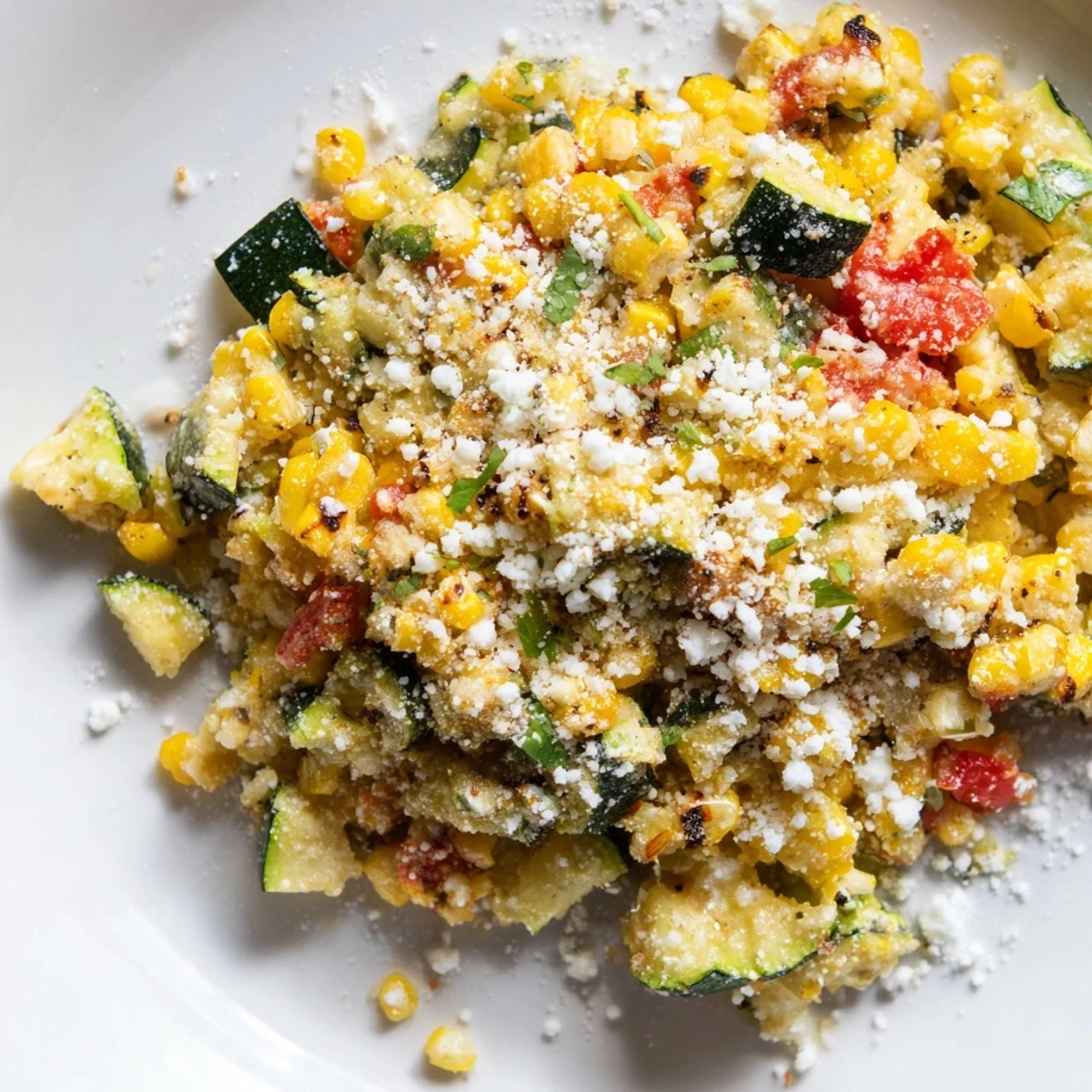 Savory Calabacitas side dish with sautéed zucchini, corn, tomatoes, and melted Monterey Jack cheese
