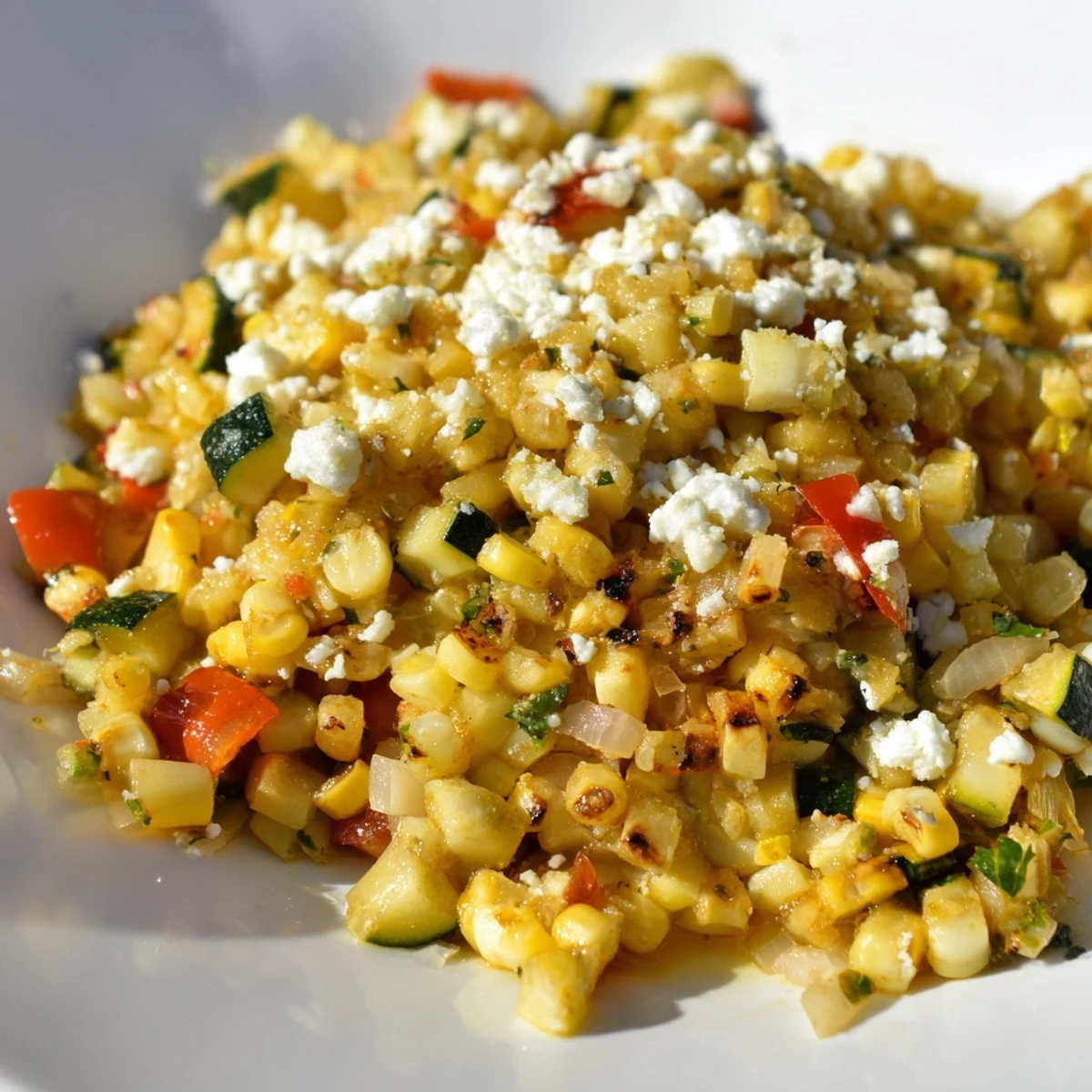 Colorful Mexican Calabacitas recipe featuring tender zucchini, sweet corn kernels, and crumbled queso fresco
