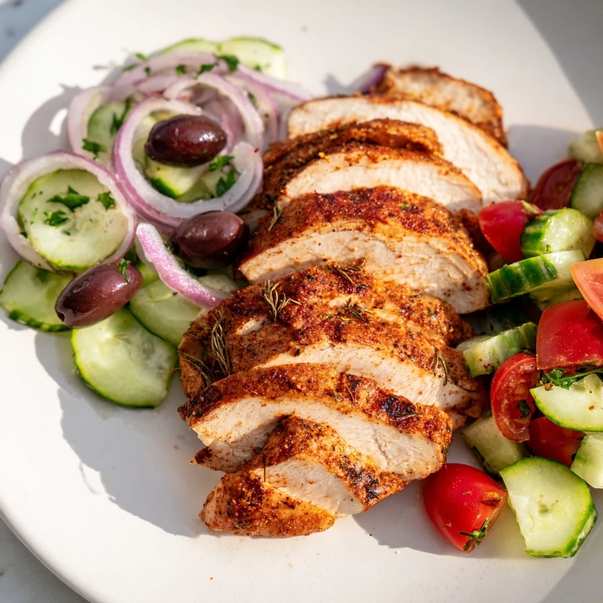 Golden grilled Mediterranean chicken breasts arranged over crisp cucumber tomato salad with red onion and olives