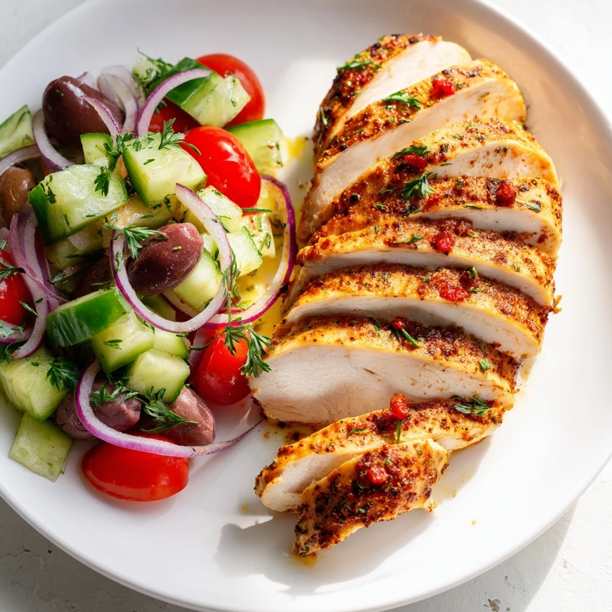Sliced spicy chicken plated atop refreshing cucumber salad garnished with fresh parsley and lemon wedges