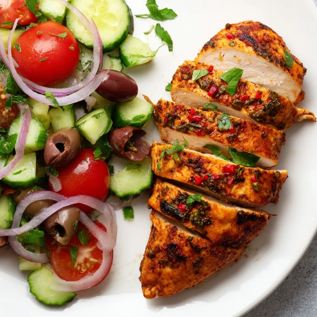 Fiery grilled chicken served with vibrant Mediterranean cucumber salad featuring cherry tomatoes and Kalamata olives
