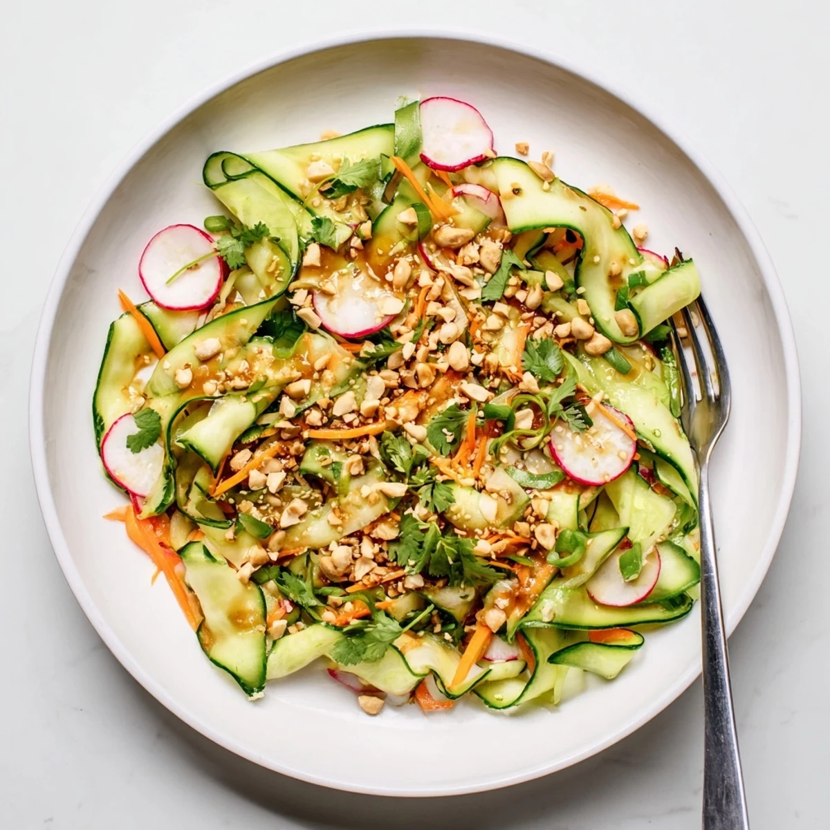 Colorful julienne cucumbers and carrots tossed in tangy sesame ginger dressing with fresh cilantro garnish