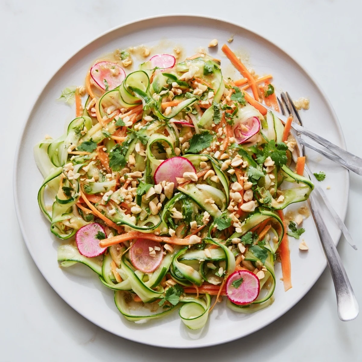 Fresh cucumber carrot salad with big crunch topped with sesame seeds and crushed peanuts in white bowl