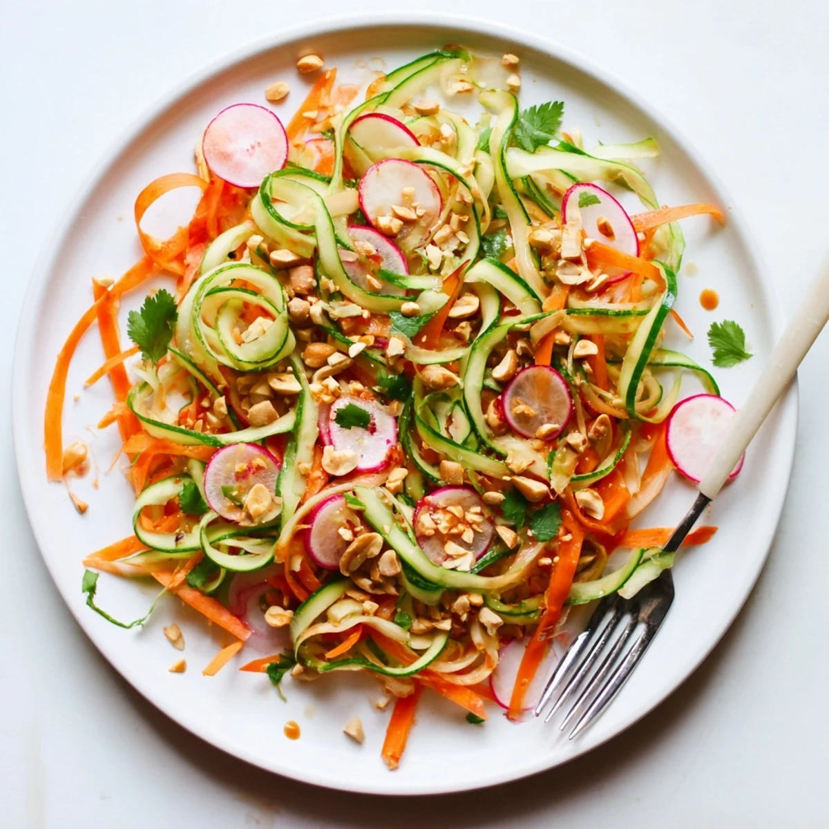 Crisp cucumber carrot salad plated with roasted peanuts and scallions on rustic wooden surface