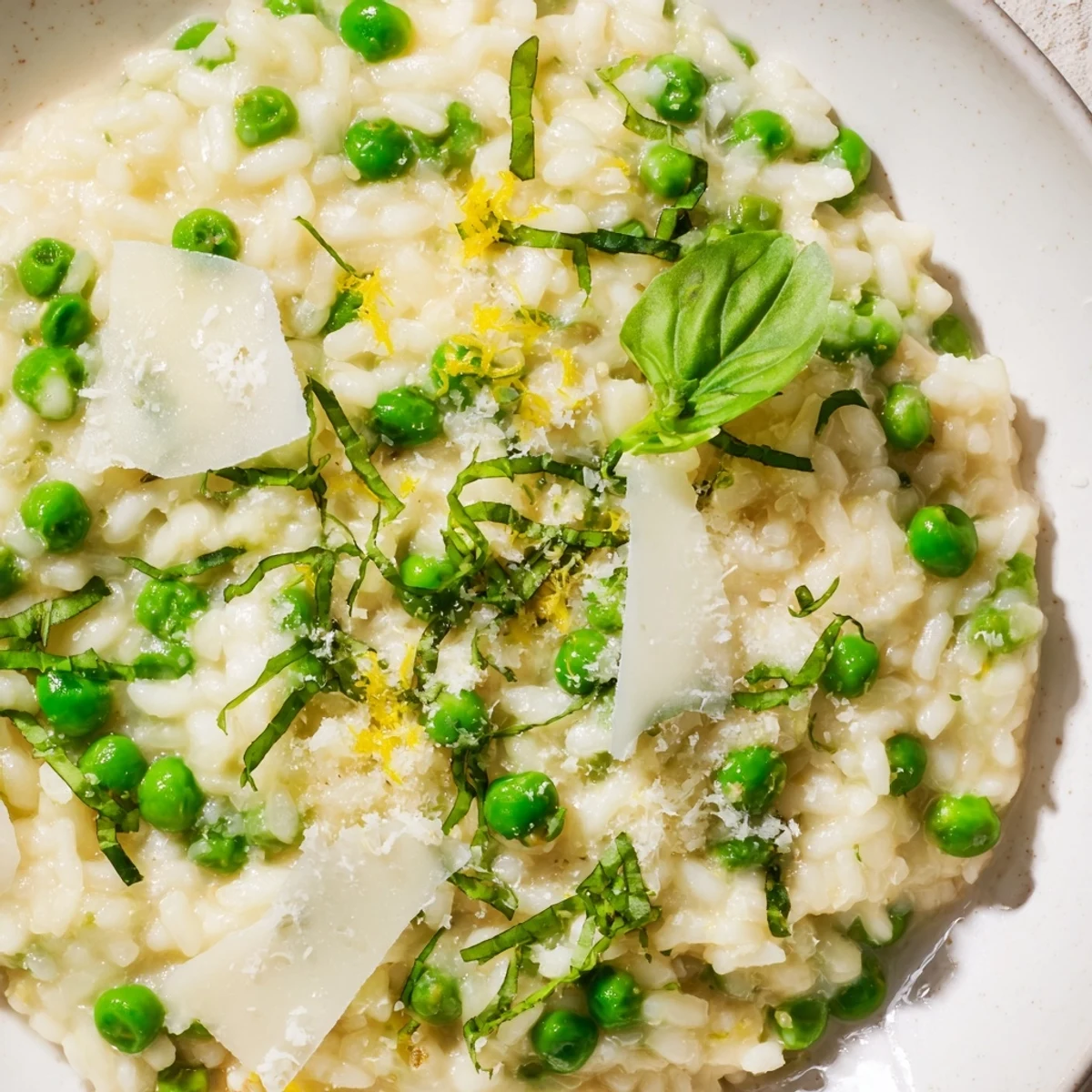 Creamy spring pea risotto topped with fresh basil and grated Parmesan cheese in a white bowl