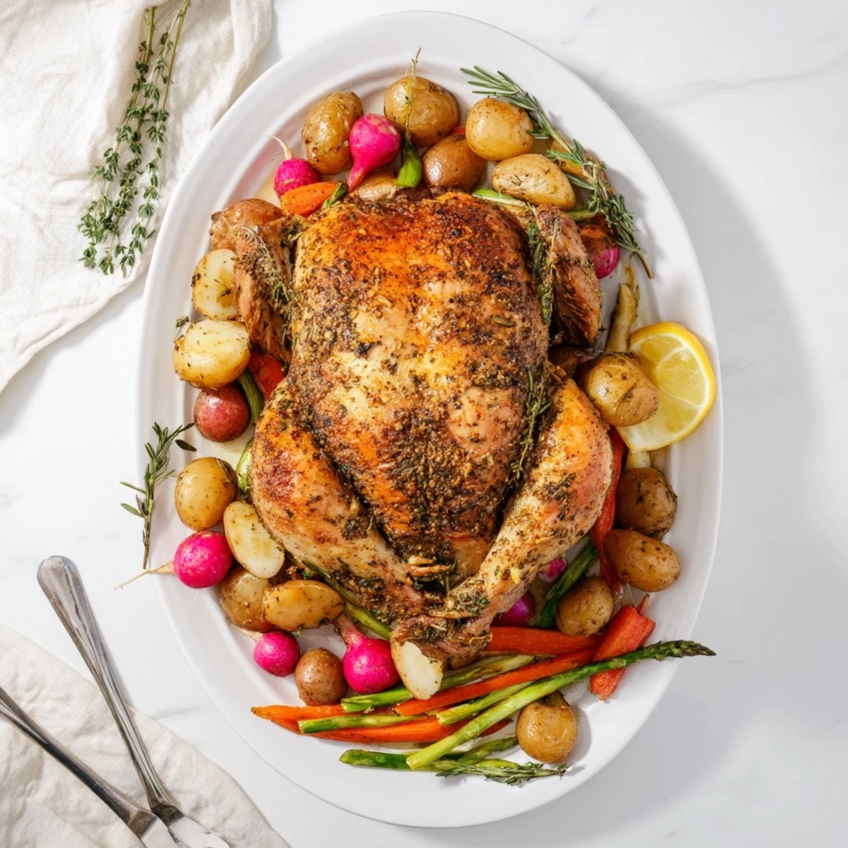 Golden herb roasted chicken surrounded by colorful roasted spring vegetables on a serving platter