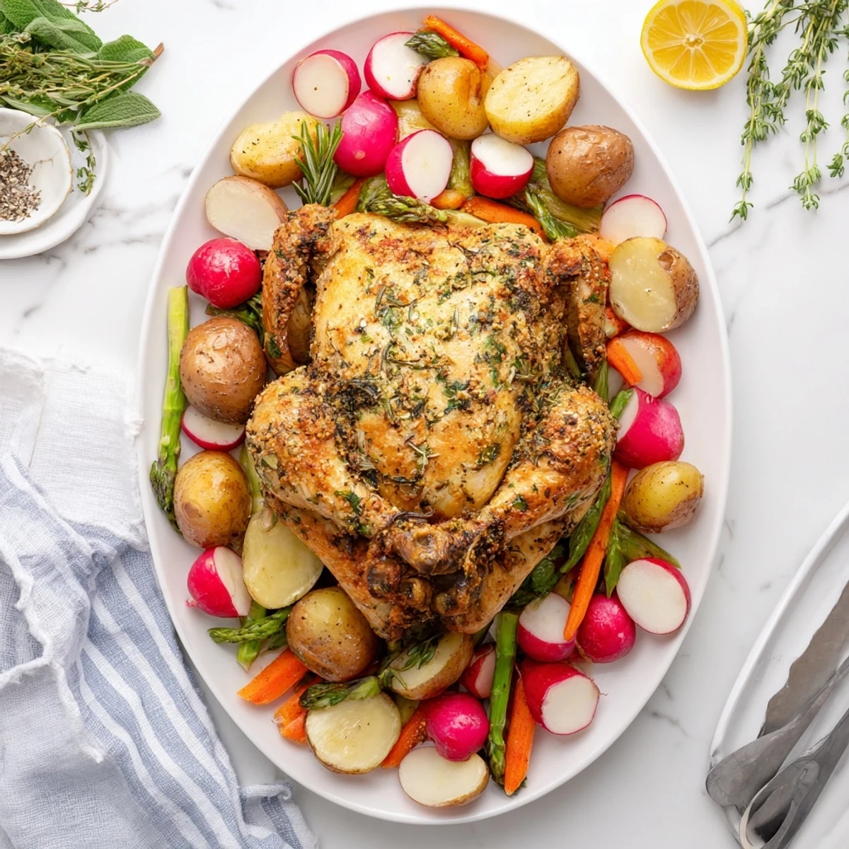 Juicy herb roasted chicken resting on a bed of vibrant spring vegetables ready for serving