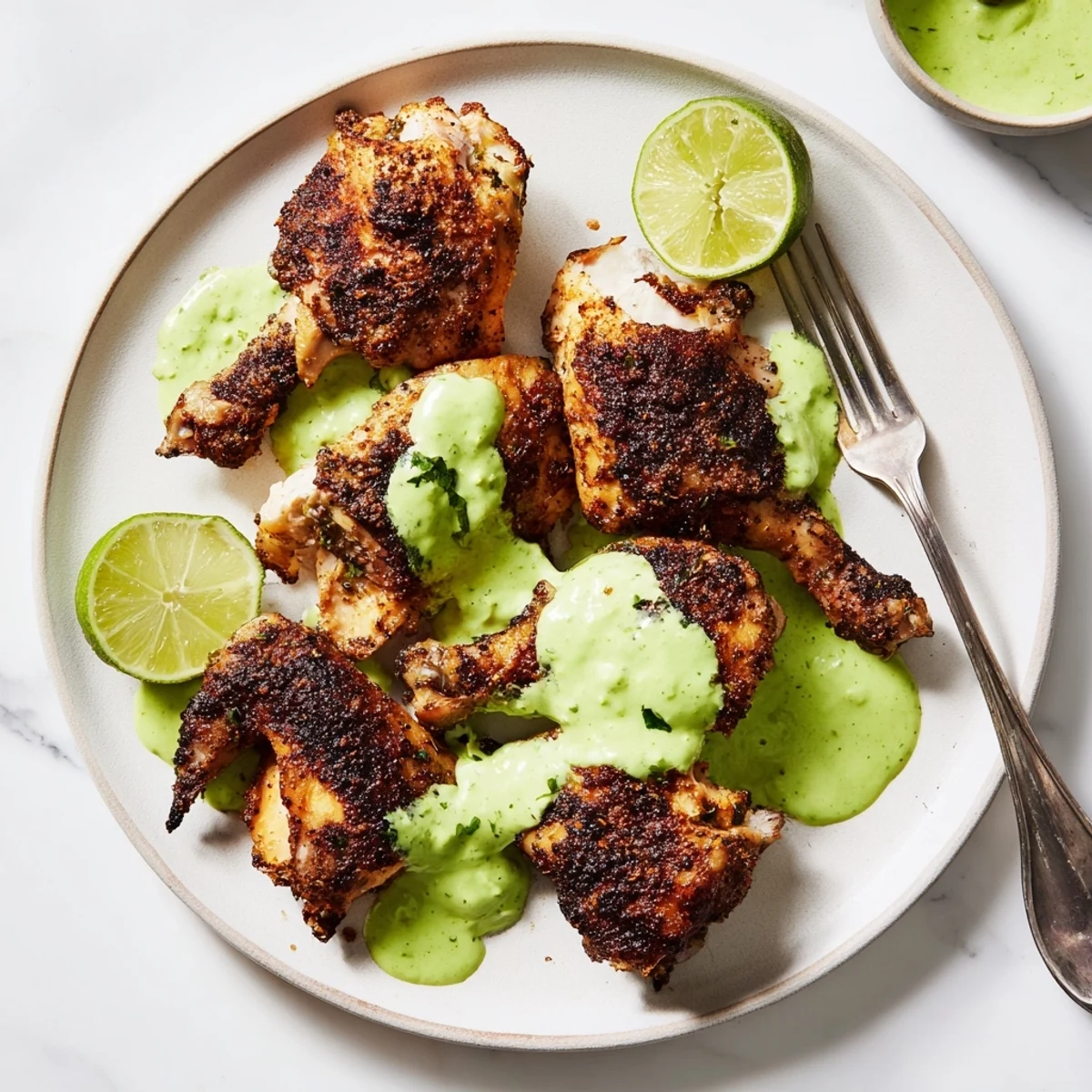 Golden roasted Peruvian chicken with crispy skin drizzled with vibrant green cilantro sauce