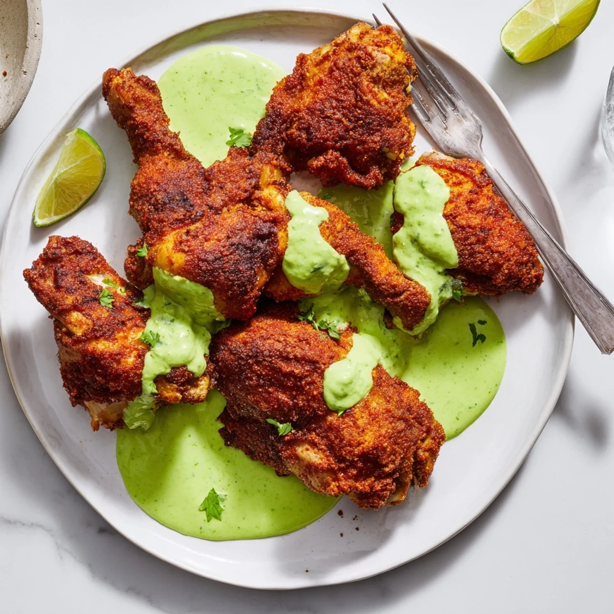 Marinated Peruvian chicken carved into pieces topped with fresh herby green sauce and lime